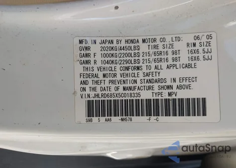 2005 Honda Cr-V Lx z USA, uszkodzony, nr VIN JHLRD685X5C018335